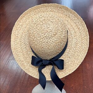American Hat Company 100% Natural Straw Hat with Navy Ribbon Bow